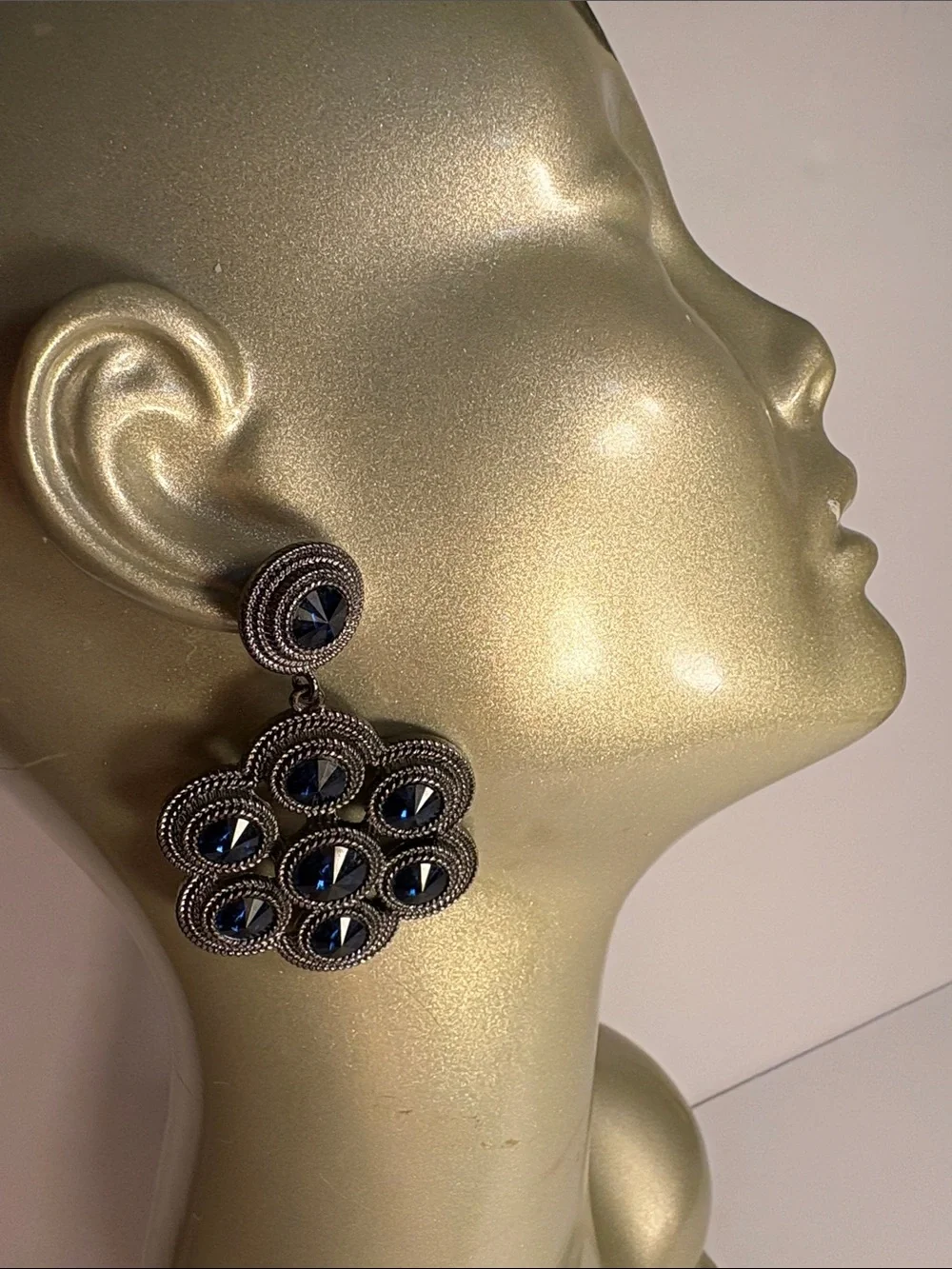 Gunmetal Floral Drop Earrings with Faux Sapphire Blue Stones - Women Jewelry